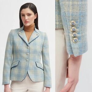 Bariloche US12/FR 44 Wool Tweed Check Blazer Jacket Made In Spain Velvet Trim